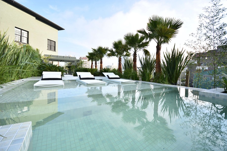English Garden - Fernando Thunm. A piscina com fundo infinito e borda transbordante tem acabamento de pastilhas cinza esverdeadas. O jardim é composto de várias espécies, incluindo palmeiras Whashingtonias naked, Oliveiras, Dianelas, Cycas, Camélias, Nandinas, Fórmios, Viburnos e Buganvíleas no jardim vertical.