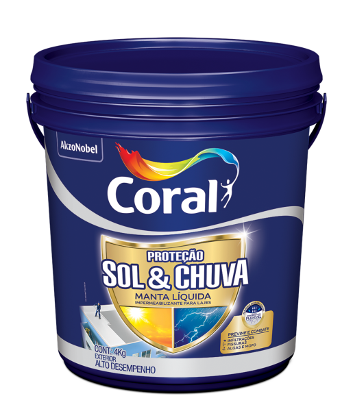 AKZONOBEL/CORAL - a Proteção Sol & Chuva Pintura Impermeabilizante está disponível em mais de mil cores do leque da Coral. Ela produz uma película emborrachada e flexível que acompanha movimentos de contração e dilatação das superfícies, o que previne fissuras e infiltrações.