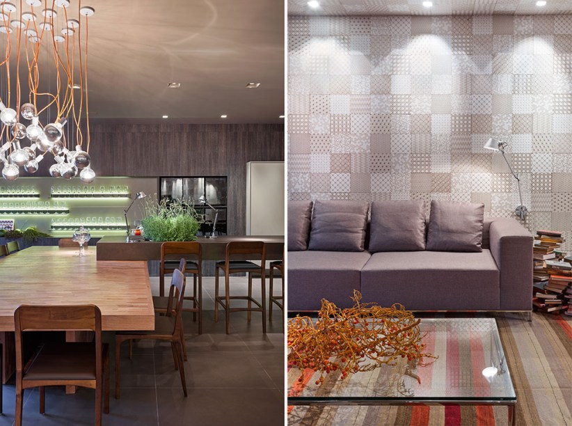 2014 - <strong>Espaço Gourmet Decortiles</strong>. <span>Essa volumetria na cozinha criou ritmo para o espaço, complementando o teto rebaixado com uma solução fantástica de iluminação. Destaque para o emaranhado de pendentes Top Bowl, chamando atenção sobre a mesa de jantar e para as plantas presentes em todo o ambiente, </span>