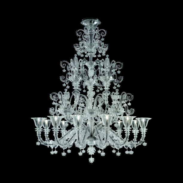 Venezia 1295, da Barovier&Toso. A continua trilhando seu caminho com experimentações no uso de vidro, e apresentam coleções inspiradas no passado. O lustre preserva o valor do vidro soprado, e usa a técnica Rostrato, dando aos detalhes do produto mais brilho e gerando reflexos. O produto pode ter 9, 12, 18 ou 36 luzes.