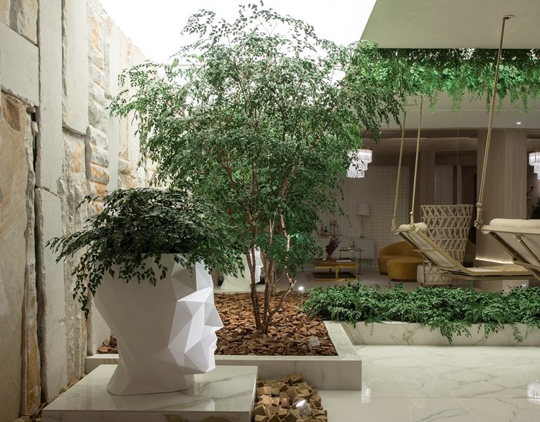 Plantas na área externa de um empreendimento presentes em uma pequena árvore e um vaso em formato de cabeça humana geométrico que abriga plantas também