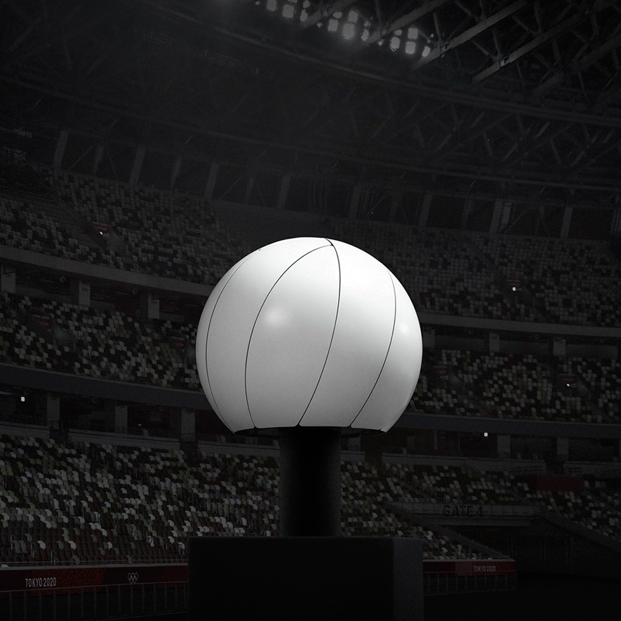 A foto mostra a pira olímpica dos jogos de Tokyo 2020. O design que remete ao sol é assinado pelo estúdio Nendo.
