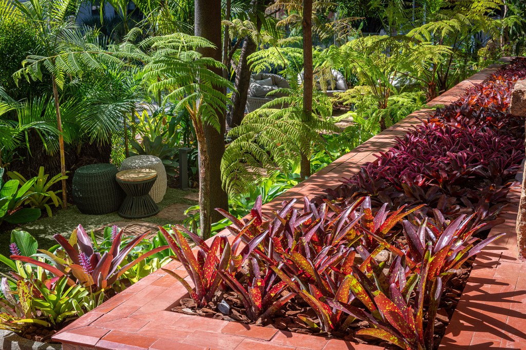 Nãna Guimarães e Pedro Moreno - Jardim Dulce Ferolla. Projeto da CASACOR Minas Gerais 2023. Na foto, jardim com canteiros de plantas e bancos.